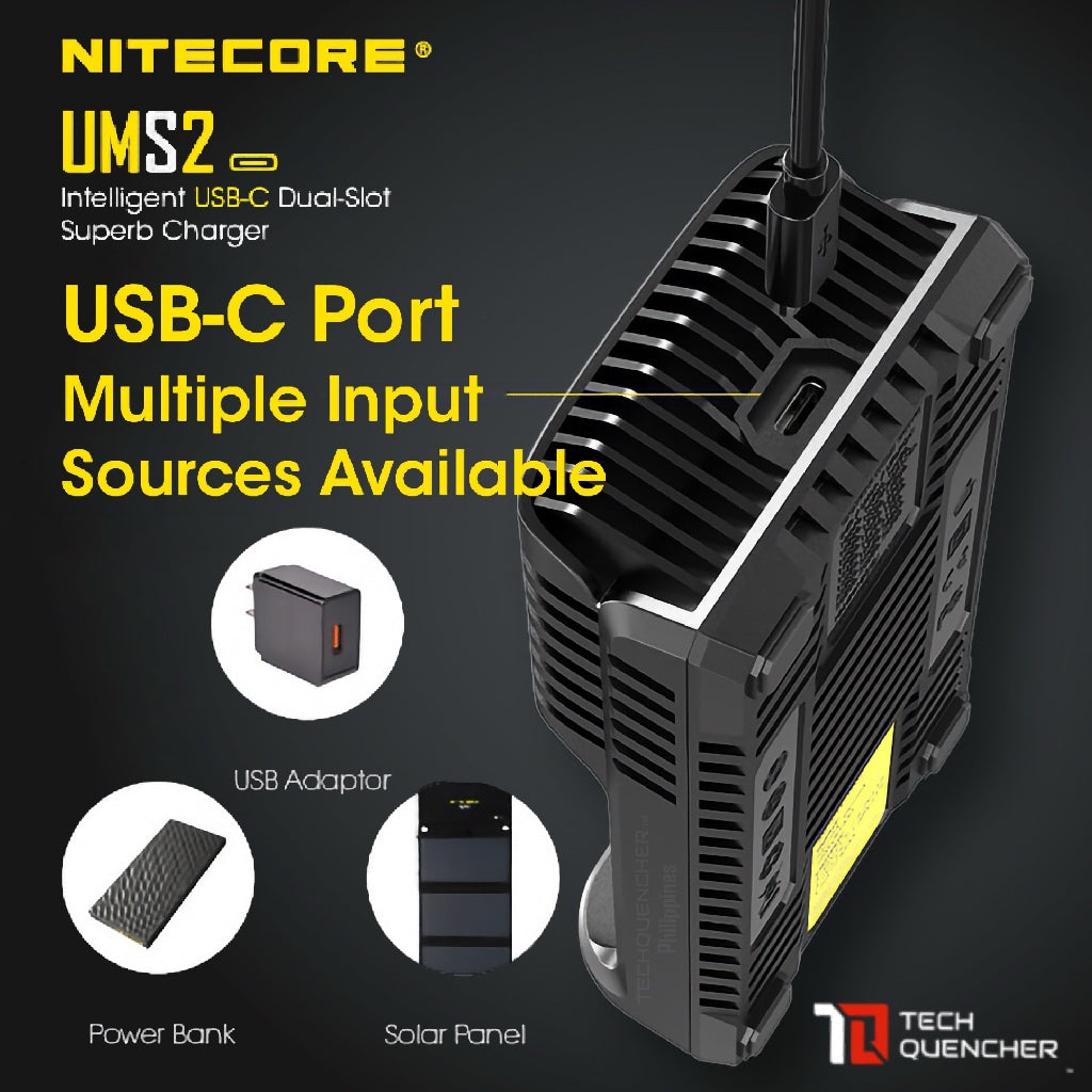 Nitecore UMS2 V2 USB-C Battery Charger - LCD Display - 2 Slot - Intelligent - 4000mA Max - QC