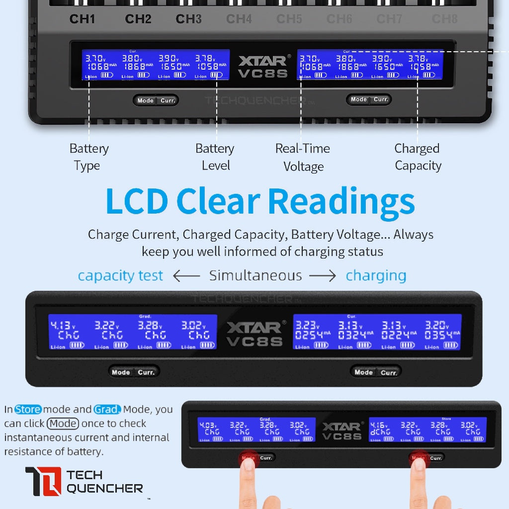 XTAR VC8S Battery Charger - Capacity Test- LCD - USB-C - 3A Max - 21700 18650 AA AAA -Li-ion - Ni-MH