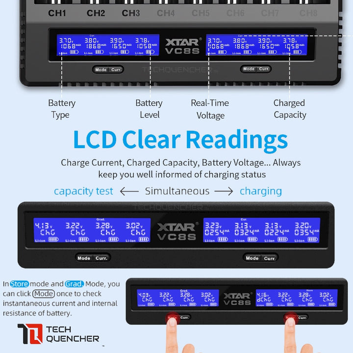 XTAR VC8S Battery Charger - Capacity Test- LCD - USB-C - 3A Max - 21700 18650 AA AAA -Li-ion - Ni-MH
