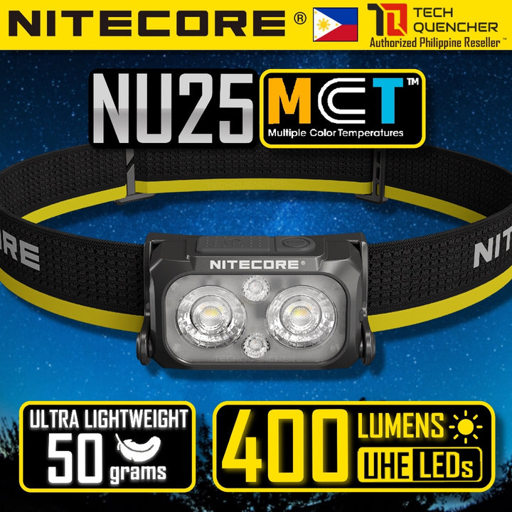 Nitecore NU25 MCT Headlamp 400 Lumens - Lightweight 50g - USB-C Rechargeable Battery -UHE LED - IP66