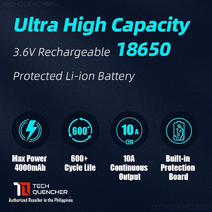 XTAR 18650 4000mAh Protected Battery - 3.6v Rechargeable - Lithium-Ion - 10A Max Discharge Current