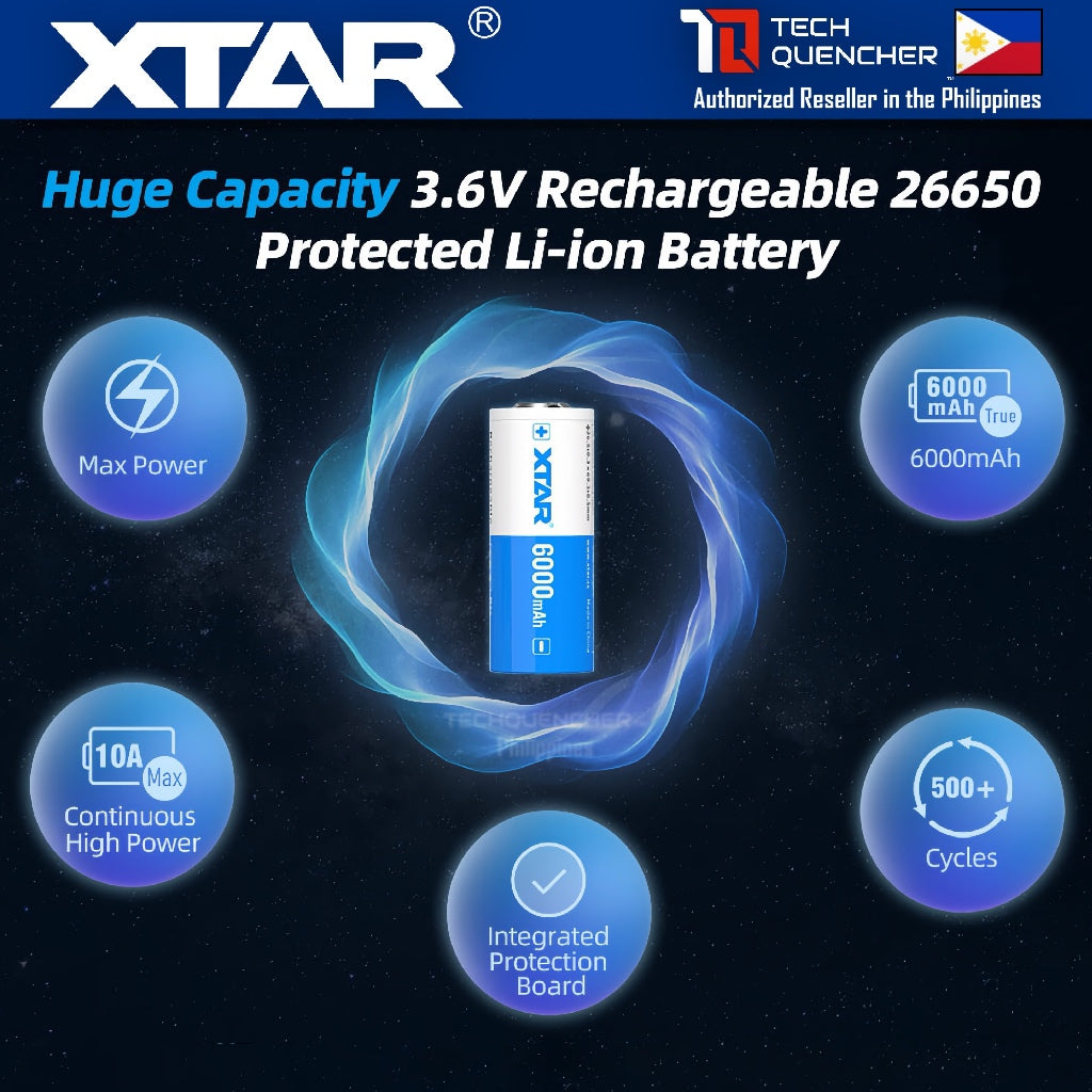 XTAR 26650 6000mAh Protected Battery - 3.6V Rechargeable - Lithium-Ion -10A - Button Top or Flat Top