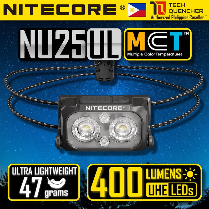 Nitecore NU25 UL MCT Headlamp 400 Lumens - Lightweight 47g - USB-C Rechargeable Battery - UHE - IP66
