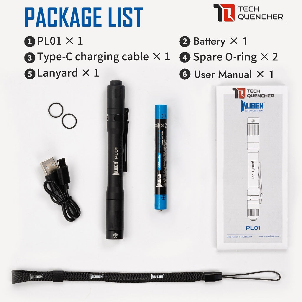Wuben PL01 Penlight - Flashlight - 650 Lumens - USB-C Rechargeable 10880 Battery or AAA - 45g - IP68