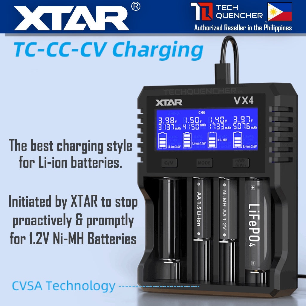 XTAR VX4 Battery Charger - Capacity Test - USB-C - 26650 21700 18650 AA AAA - LiFePO4 -Li-ion -Ni-MH