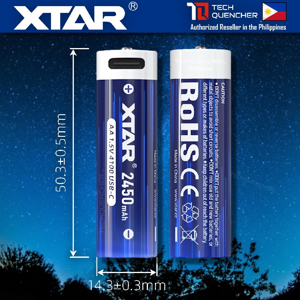XTAR AA 1.5v 2450mAh (4100mWh) USB-C Rechargeable Battery - Lithium-Ion - Indicator LED - Protected