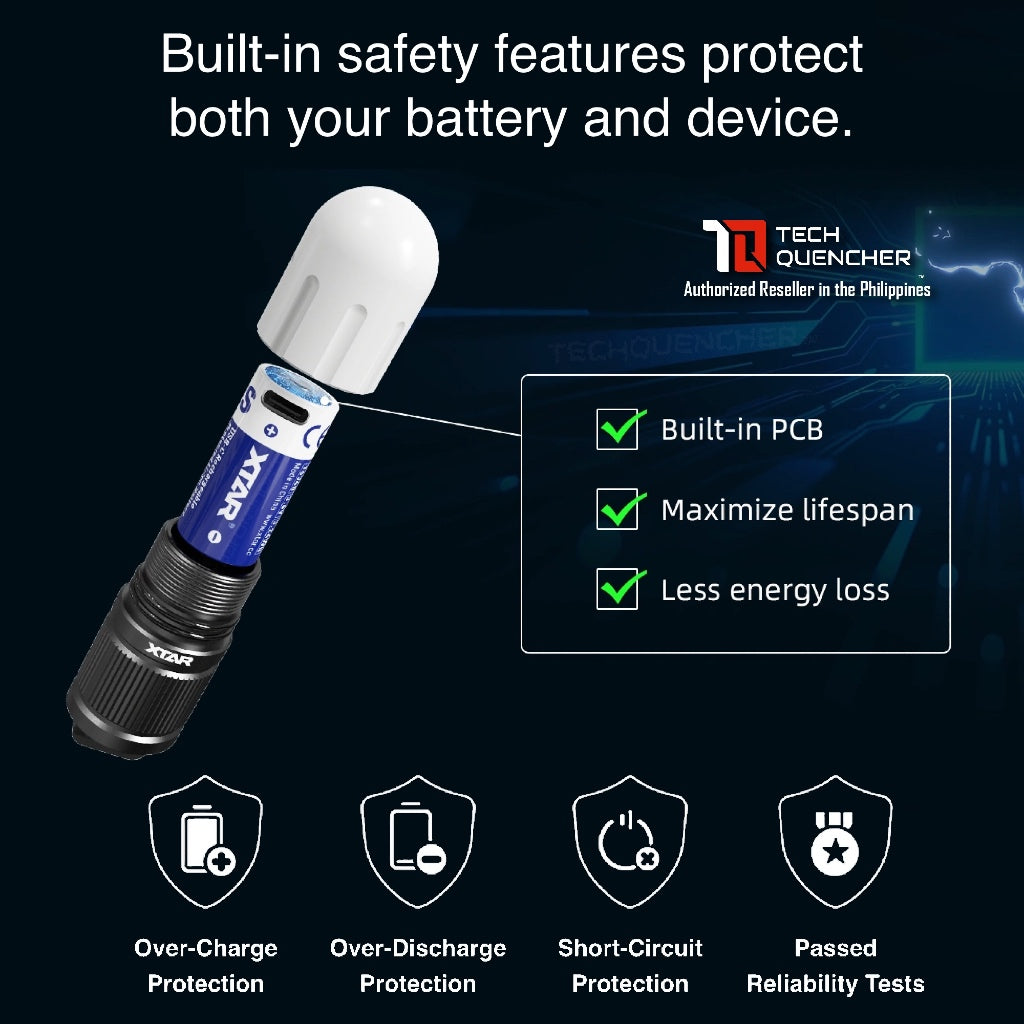 XTAR 16340 900mAh Protected Battery - USB-C Rechargeable 3.6v Lithium Battery -2.7A Max Discharge