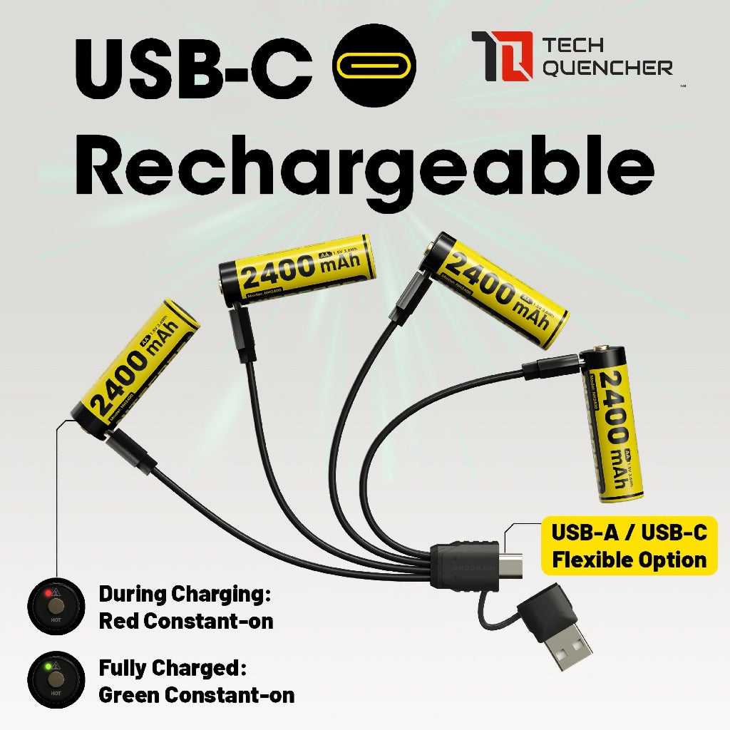 Nitecore NH2400 AA Battery - USB-C - 2400mAh Rechargeable AA Battery with Split Charging Cable