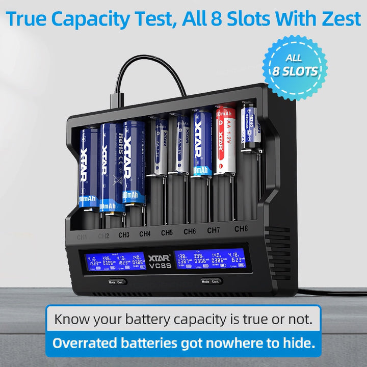 XTAR VC8S Battery Charger - Capacity Test- LCD - USB-C - 3A Max - 21700 18650 AA AAA -Li-ion - Ni-MH