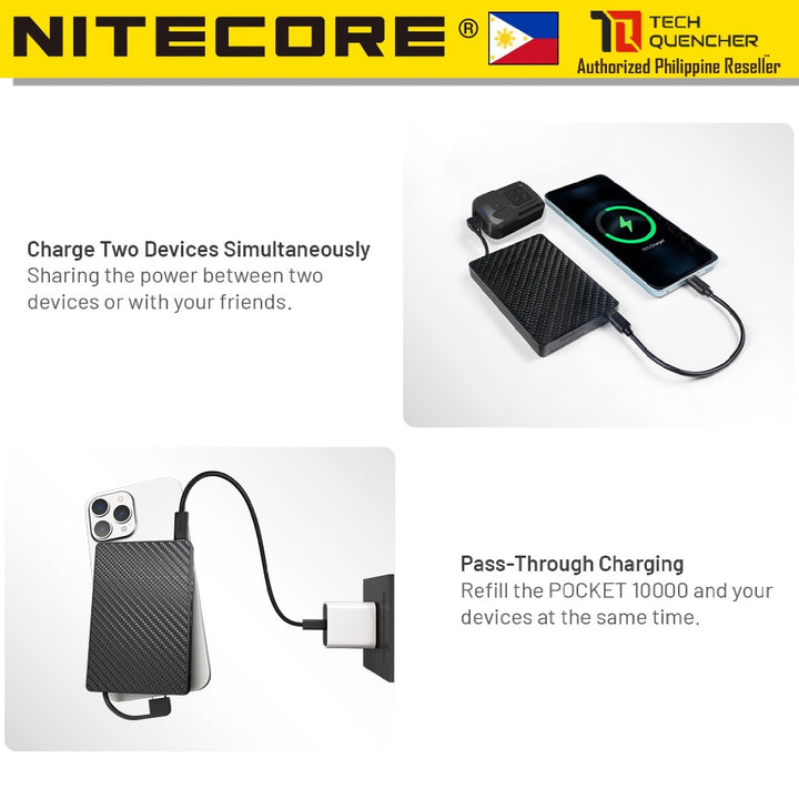 Nitecore Pocket 10000 - 10000mAh Powerbank + Built-In USB-C Cable - Carbon Fiber - 22.5w Max - IP65