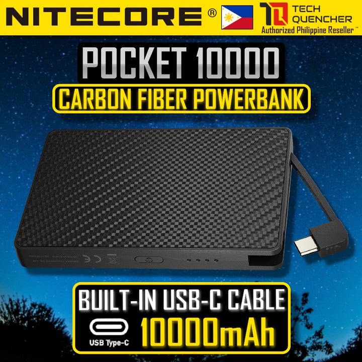 Nitecore Pocket 10000 - 10000mAh Powerbank + Built-In USB-C Cable - Carbon Fiber - 22.5w Max - IP65