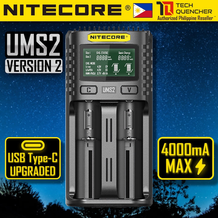 Nitecore UMS2 V2 USB-C Battery Charger - LCD Display - 2 Slot - Intelligent - 4000mA Max - QC