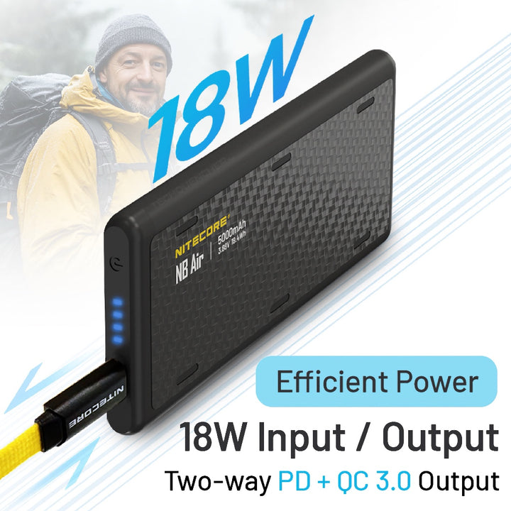 Nitecore NB Air Powerbank - Ultra Lightweight - 89g - 5000mAh - IPX7 - Carbon Fiber - PD + QC 3.0