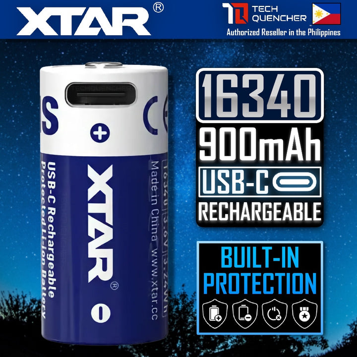 XTAR 16340 900mAh Protected Battery - USB-C Rechargeable 3.6v Lithium Battery -2.7A Max Discharge