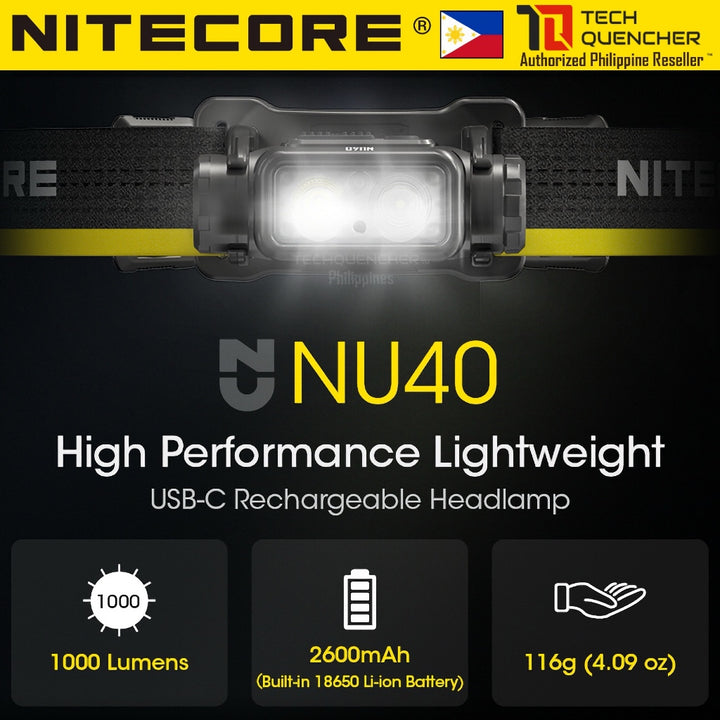 Nitecore NU40 Headlamp 1000 Lumens -116g -2 Dual Output- USB-C Rechargeable 2600mah Battery - IP68