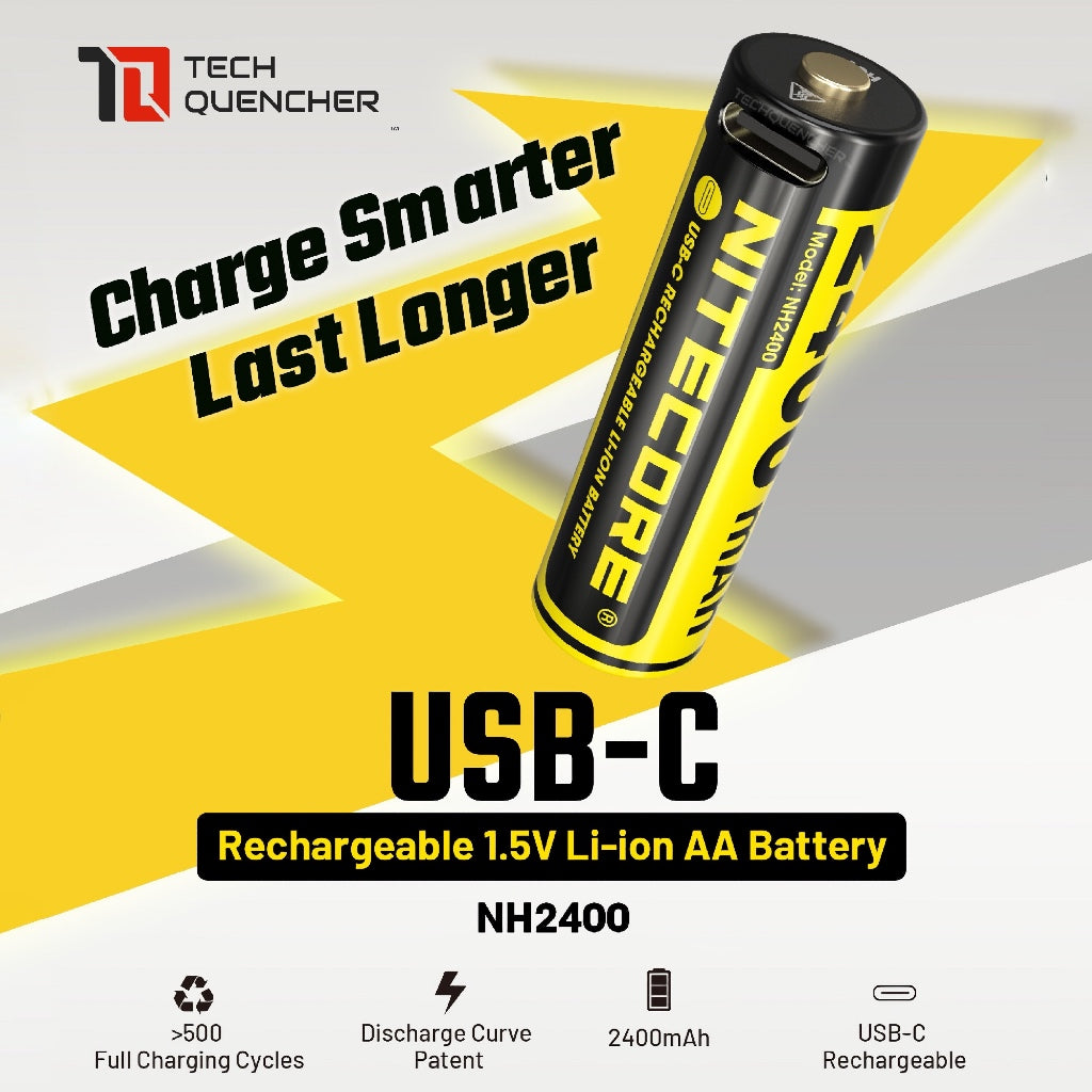 Nitecore NH2400 AA Battery - USB-C - 2400mAh Rechargeable AA Battery with Split Charging Cable