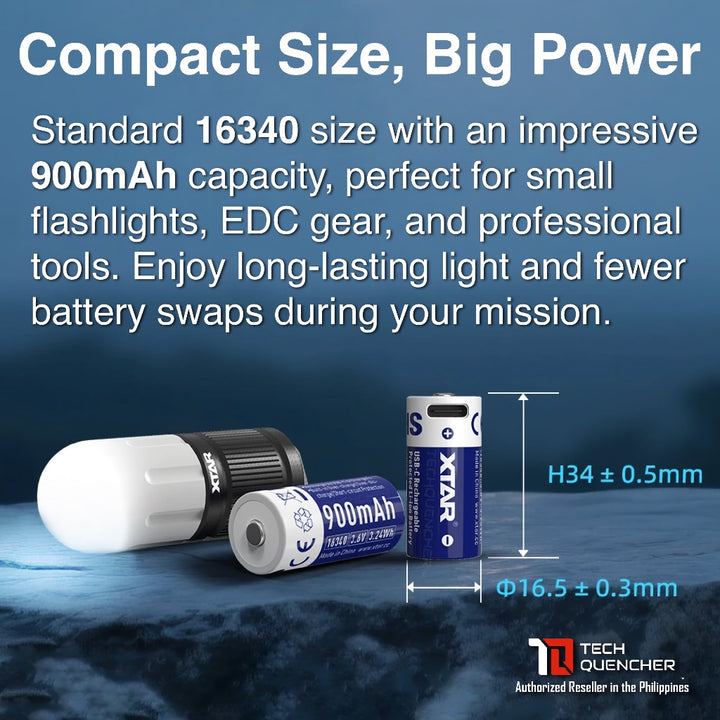 XTAR 16340 900mAh Protected Battery - USB-C Rechargeable 3.6v Lithium Battery -2.7A Max Discharge