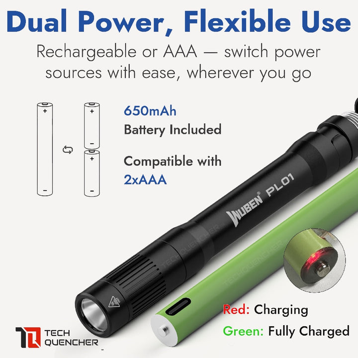Wuben PL01 Penlight - Flashlight - 650 Lumens - USB-C Rechargeable 10880 Battery or AAA - 45g - IP68