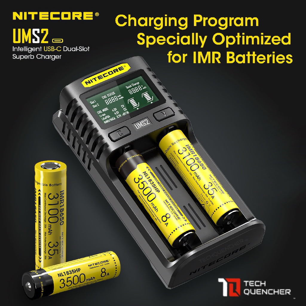 Nitecore UMS2 V2 USB-C Battery Charger - LCD Display - 2 Slot - Intelligent - 4000mA Max - QC