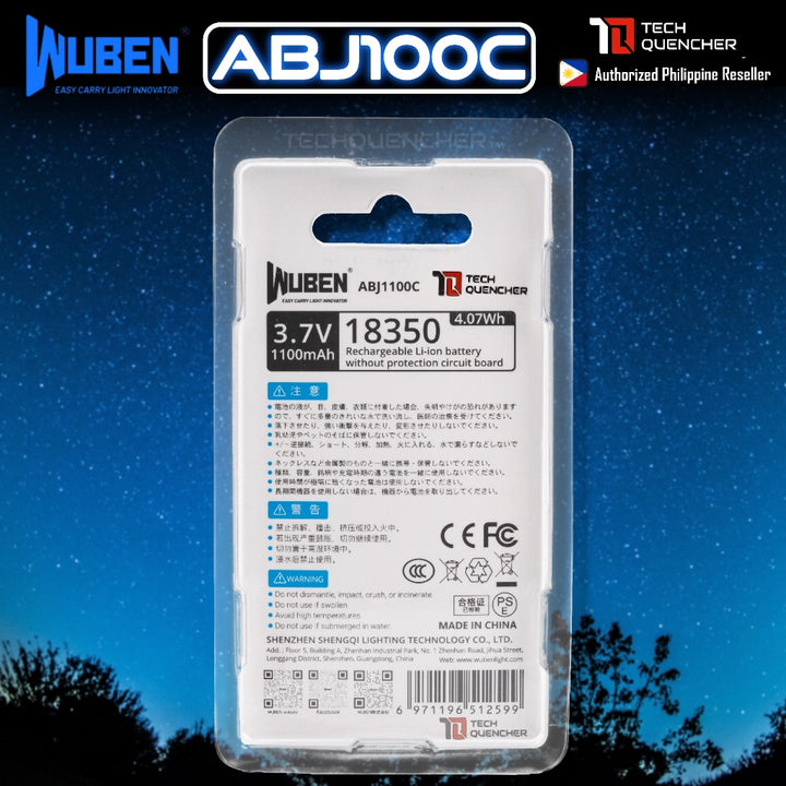 Wuben ABJ1100C 18350 Battery - Rechargeable 1100mAh - Li-ion Battery - Compatible w/ Wuben E7 T4 X0