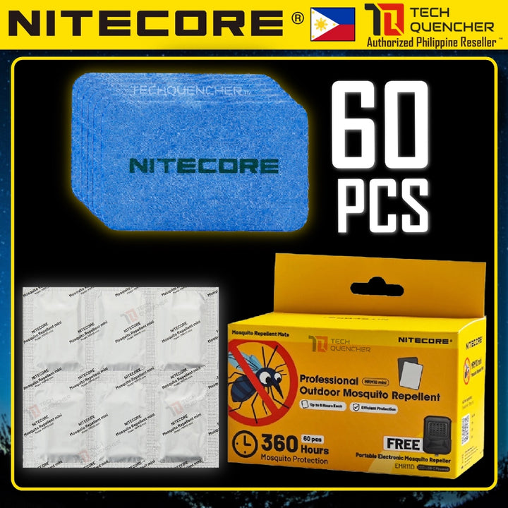 Nitecore MRM10 Mini Mosquito Repellent Mats - 60pcs +  FREE EMR11D - Up to 6 hours - For EMR23 EMR25
