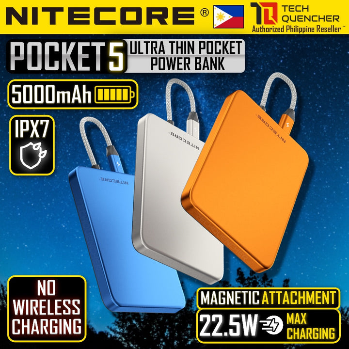 Nitecore Pocket 5 - 5000mAh Powerbank + Built-In USB-C Cable - Magnetic Attachement - 22.5w MAX - IP