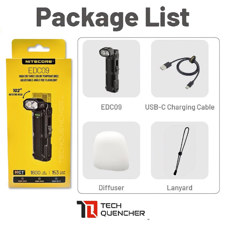 Nitecore EDC09 Flashlight - Adjustable 120° Rotating Head - High CRI Three Color Temperature - USB-C
