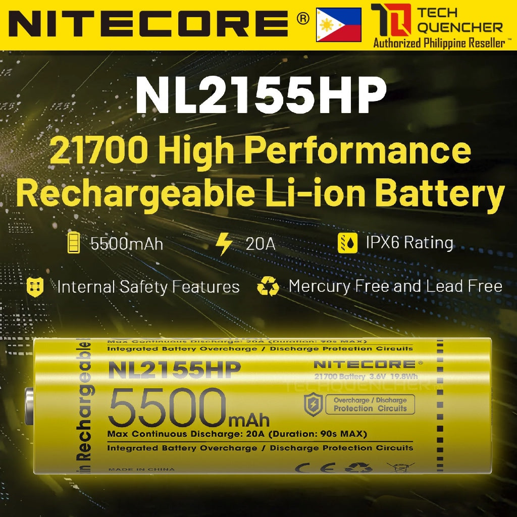 Nitecore NL2155HP 5500mAh Battery - 20A - 21700 High Performance Rechargeable Li-ion Battery - IPX6