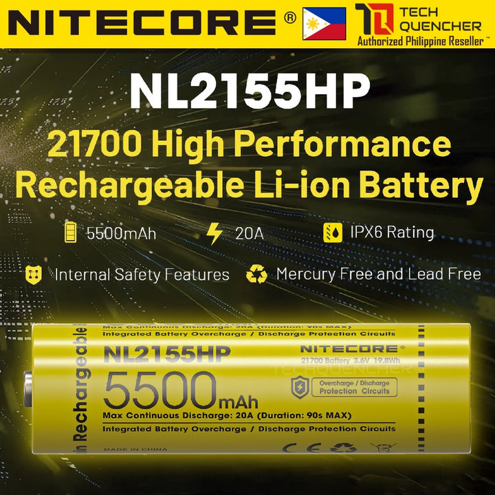 Nitecore NL2155HP 5500mAh Battery - 20A - 21700 High Performance Rechargeable Li-ion Battery - IPX6