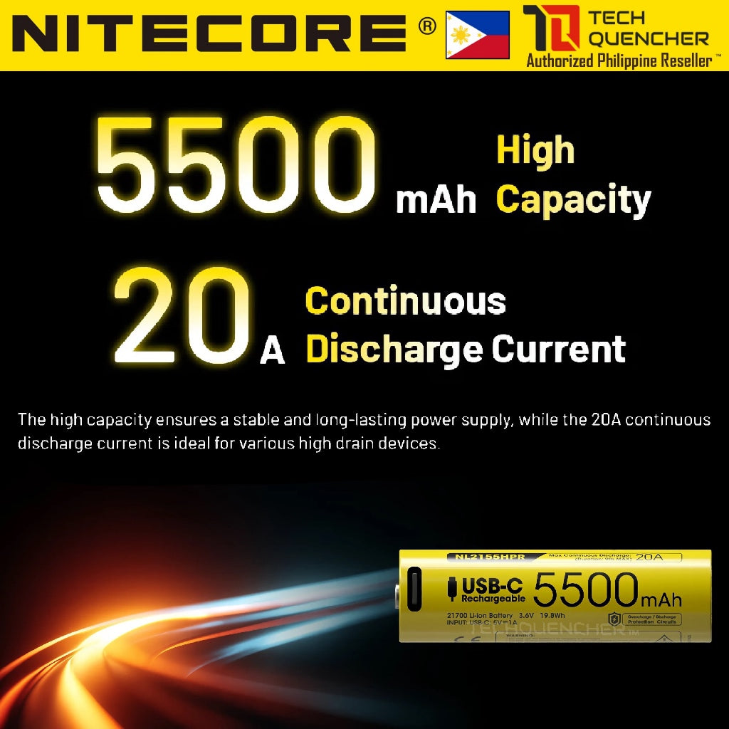 Nitecore NL2155HPR 5500mAh Battery - 20A - 21700 High Performance USB-C Rechargeable Li-ion Battery
