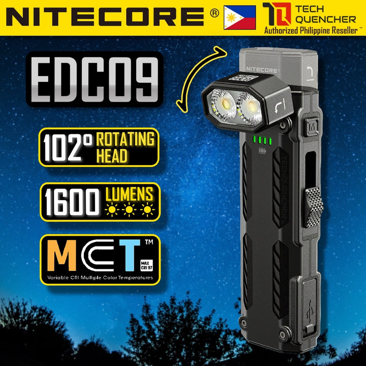 Nitecore EDC09 Flashlight - Adjustable 120° Rotating Head - High CRI Three Color Temperature - USB-C