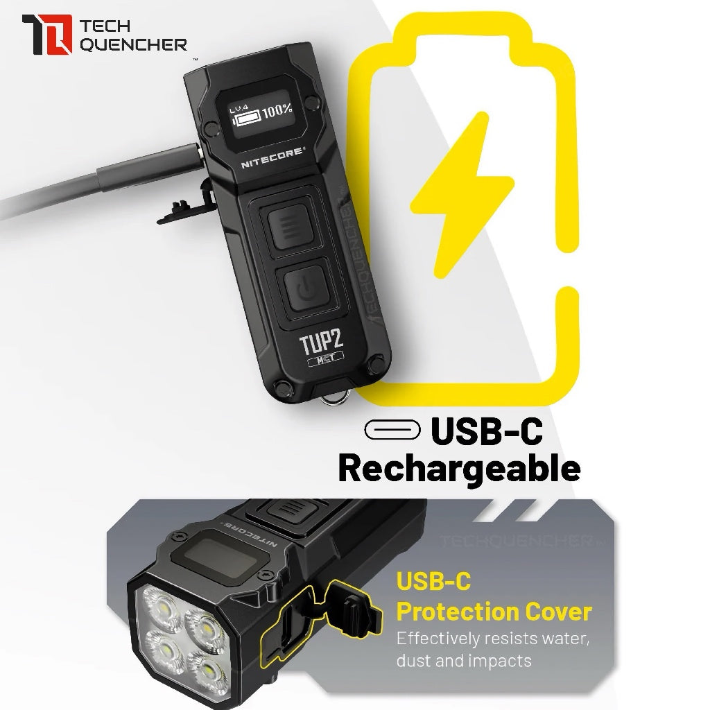 Nitecore TUP2 Keychain Flashlight - 1200 Lumens - OLED Display - USB-C Charging - 58g - MCT UHE LEDS
