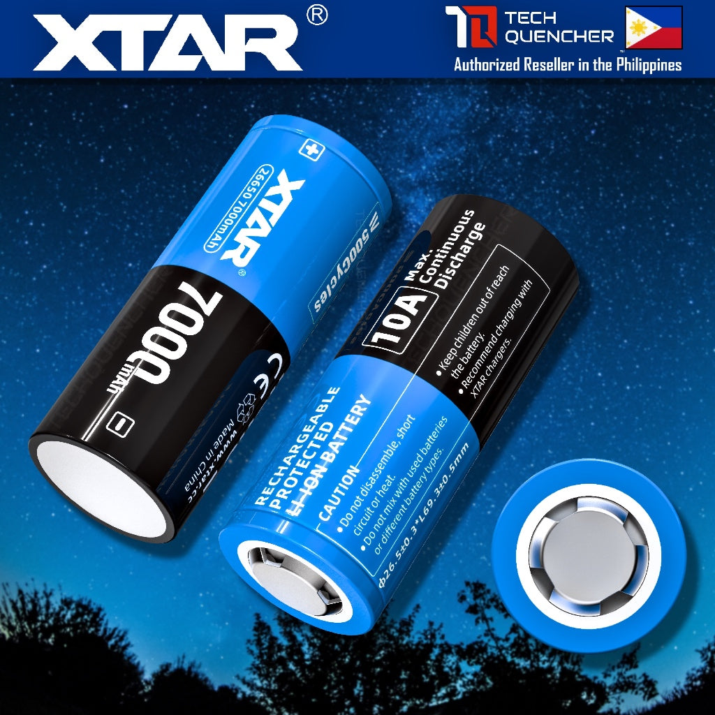 XTAR 26650 7000mAh Protected Battery - 3.6V Rechargeable - Lithium-Ion - 10A - Big Button Top Design