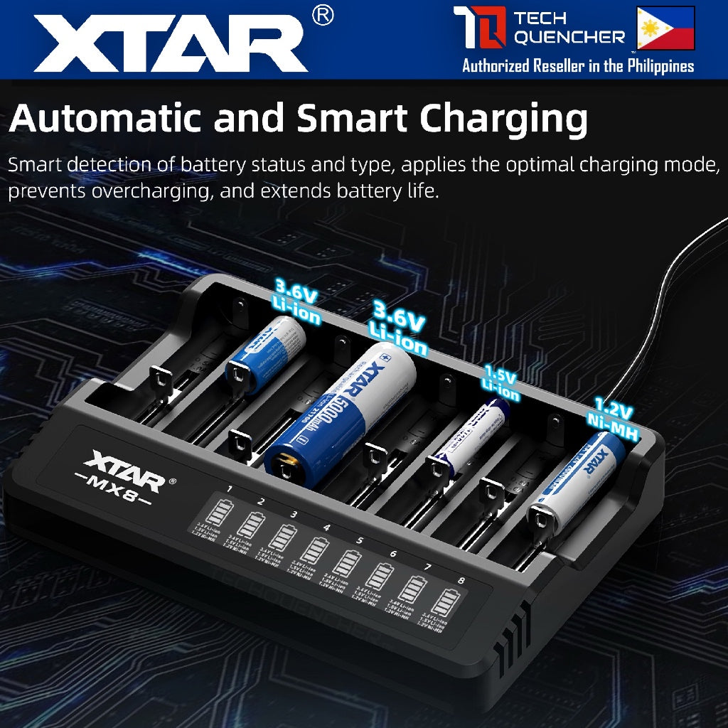 XTAR MX8 Smart Battery Charger - 8 Slots- Mix Charging - USB-C - LCD Display- Included PD20W Adaptor