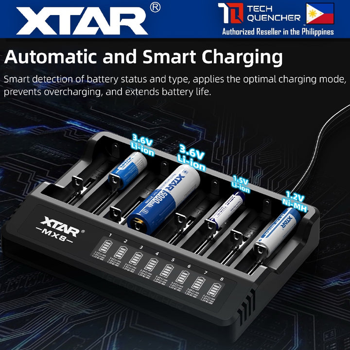 XTAR MX8 Smart Battery Charger - 8 Slots- Mix Charging - USB-C - LCD Display- Included PD20W Adaptor
