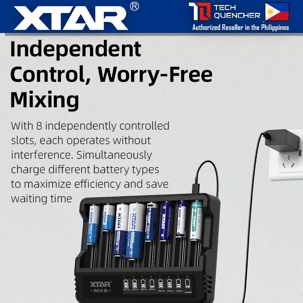 XTAR MX8 Smart Battery Charger - 8 Slots- Mix Charging - USB-C - LCD Display- Included PD20W Adaptor