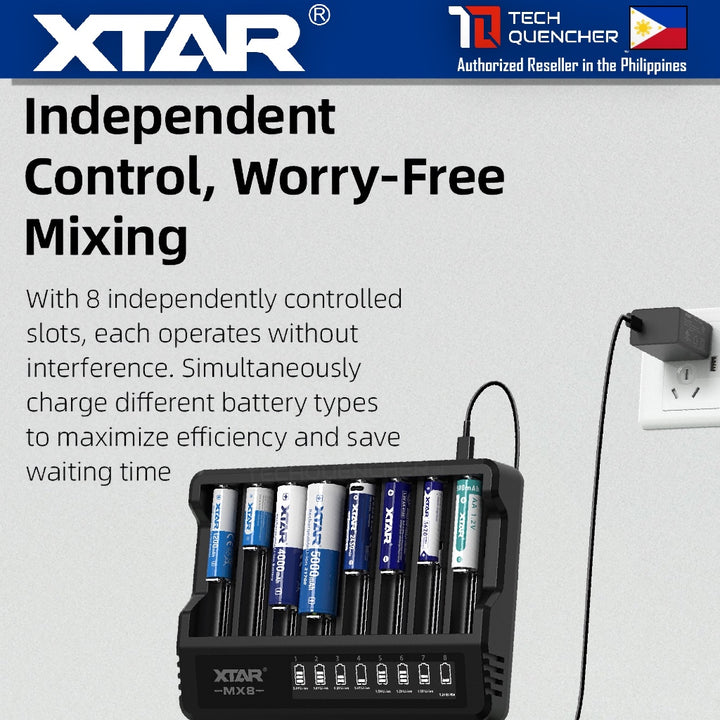 XTAR MX8 Smart Battery Charger - 8 Slots- Mix Charging - USB-C - LCD Display- Included PD20W Adaptor