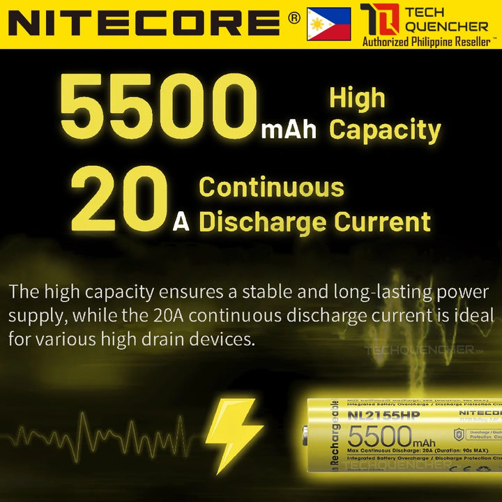 Nitecore NL2155HP 5500mAh Battery - 20A - 21700 High Performance Rechargeable Li-ion Battery - IPX6