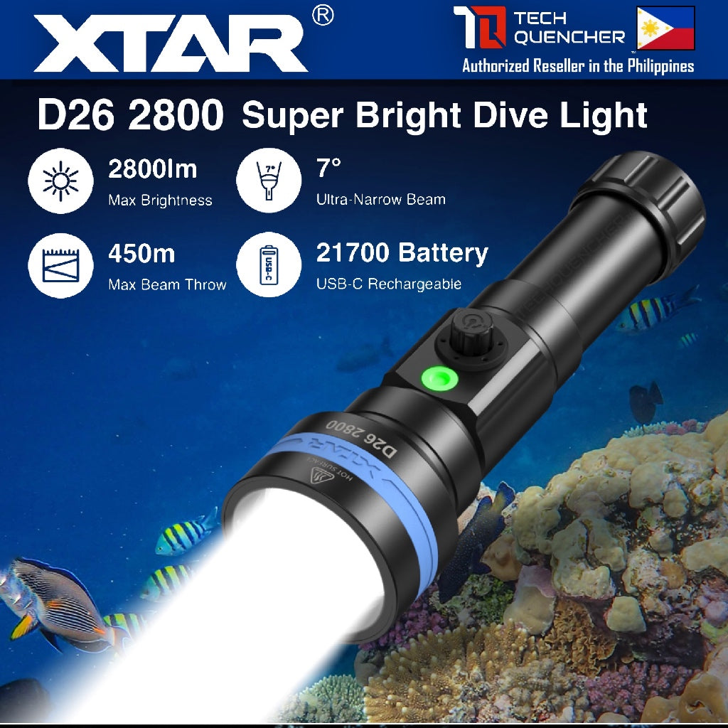 XTAR D26 2800 Diving Flashlight - 2800 Lumens - 450 meters- 5000mAh Rechargeable 21700 USB-C Battery