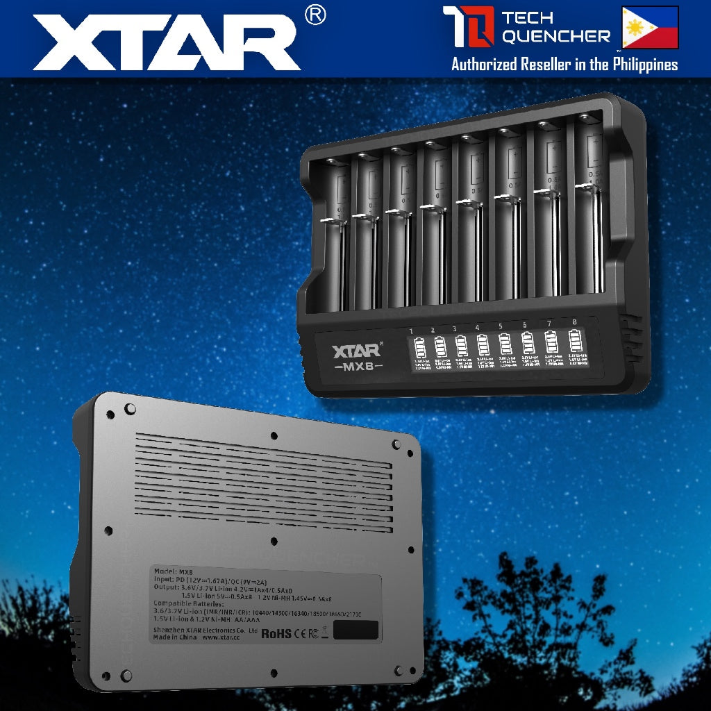 XTAR MX8 Smart Battery Charger - 8 Slots- Mix Charging - USB-C - LCD Display- Included PD20W Adaptor