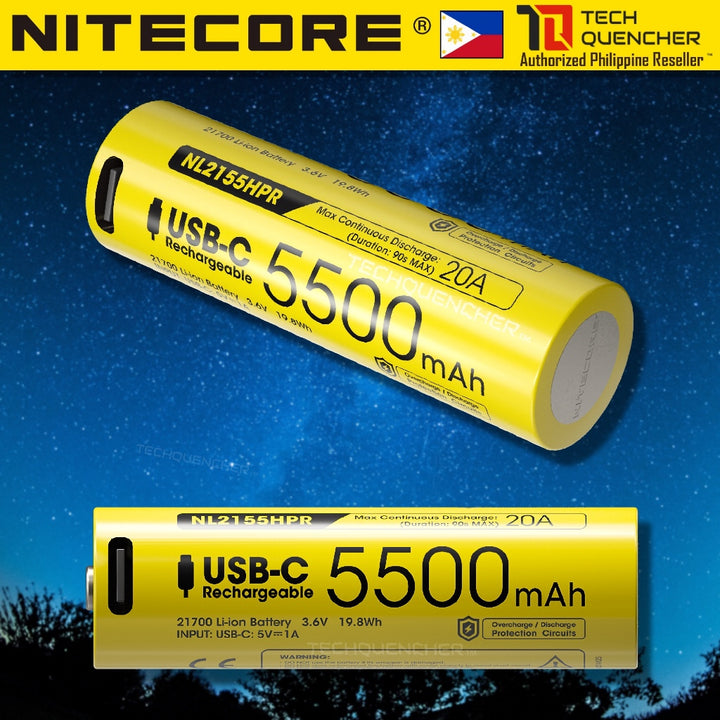 Nitecore NL2155HPR 5500mAh Battery - 20A - 21700 High Performance USB-C Rechargeable Li-ion Battery