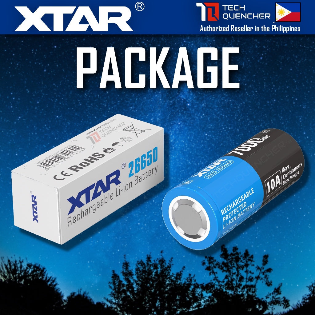 XTAR 26650 7000mAh Protected Battery - 3.6V Rechargeable - Lithium-Ion - 10A - Big Button Top Design