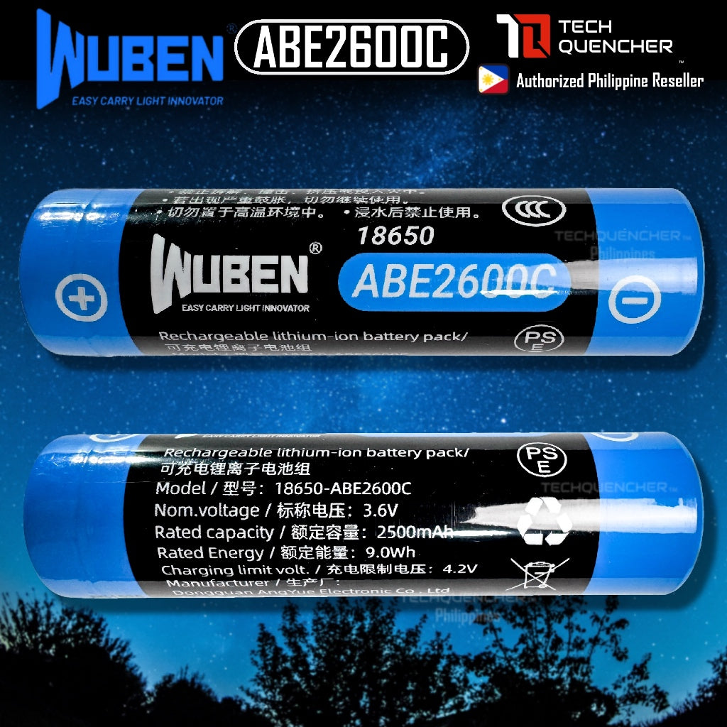 Wuben ABE2600C 18650 Battery - Rechargeable 2500mAh - Li-ion Battery - 10A - Circuit Protection
