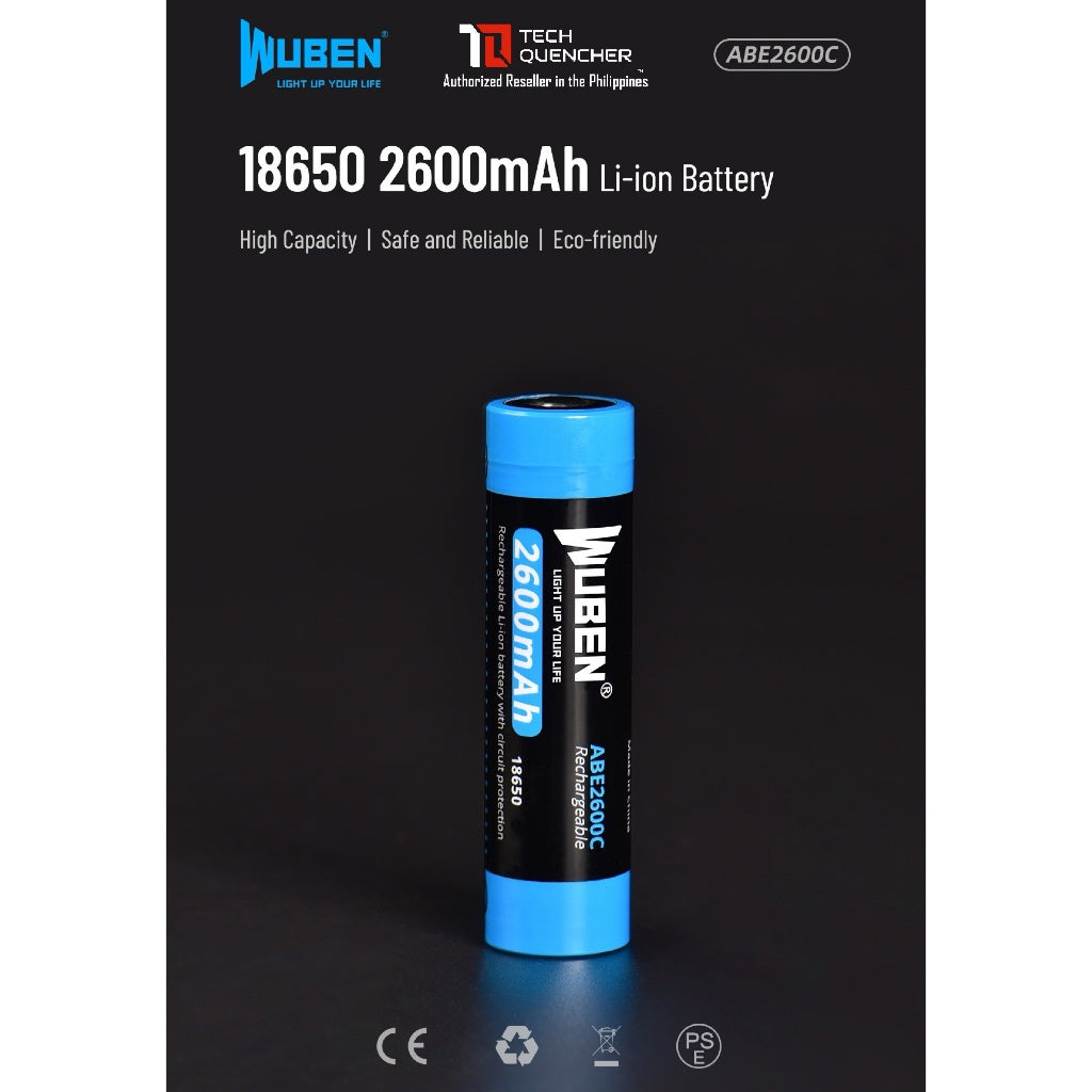Wuben ABE2600C 18650 Battery - Rechargeable 2500mAh - Li-ion Battery - 10A - Circuit Protection