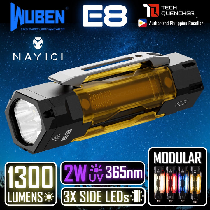 Wuben E8 Flashlight - 1300 Lumens - 2W UV -Swappable Shells - 14500 USB-C Rechargeable Battery -IP68