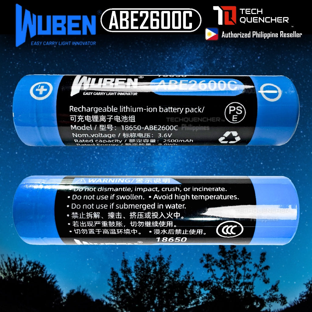 Wuben ABE2600C 18650 Battery - Rechargeable 2500mAh - Li-ion Battery - 10A - Circuit Protection
