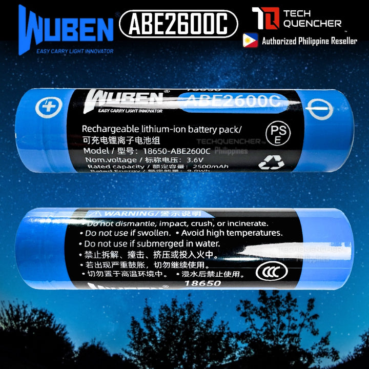 Wuben ABE2600C 18650 Battery - Rechargeable 2500mAh - Li-ion Battery - 10A - Circuit Protection