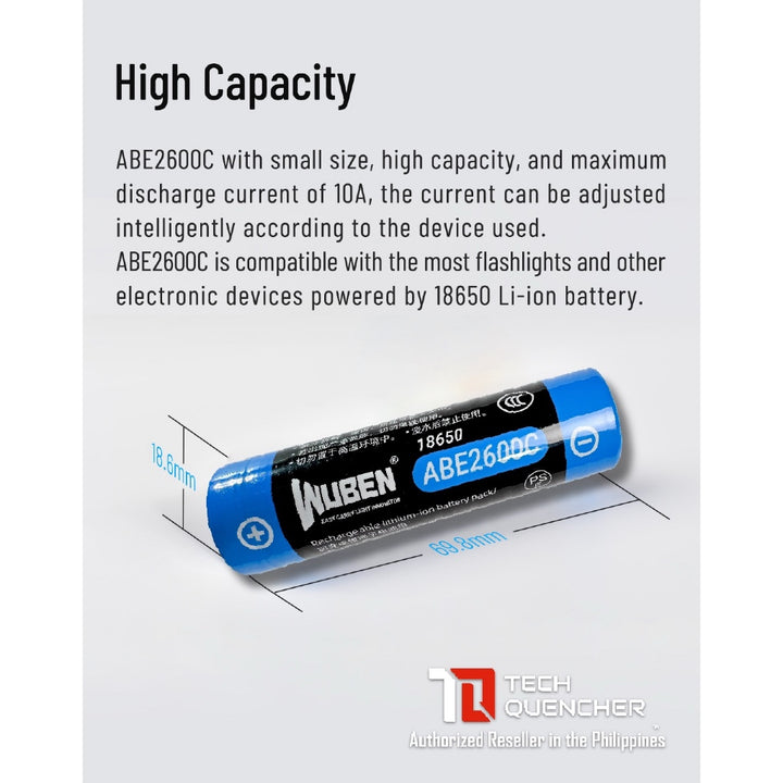 Wuben ABE2600C 18650 Battery - Rechargeable 2500mAh - Li-ion Battery - 10A - Circuit Protection