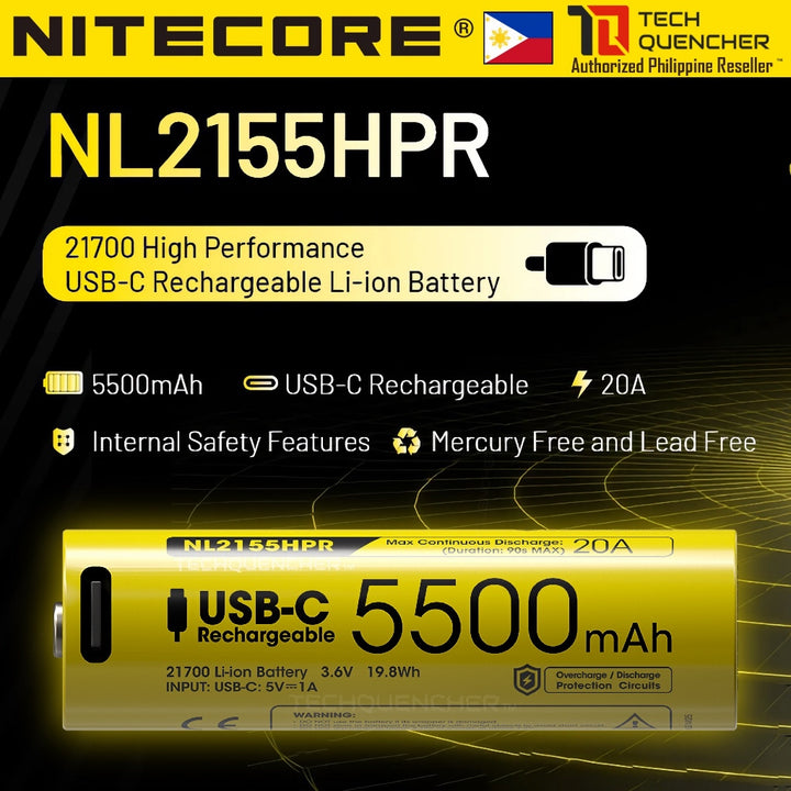 Nitecore NL2155HPR 5500mAh Battery - 20A - 21700 High Performance USB-C Rechargeable Li-ion Battery