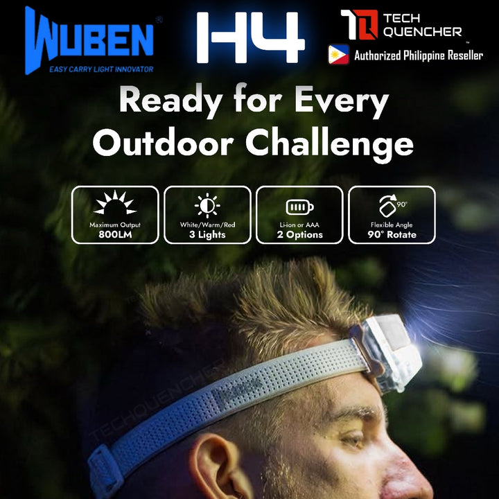 Wuben H4 Headlamp - 800 Lumens - Gesture Sensor - Dual Battery Option - USB-C - 1700mAh Battery